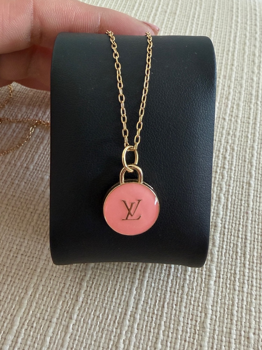 Louis Vuitton Gold Chain Necklace with Pink Enamel LV Pendant